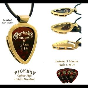 Pickbay EcoBrass Guitar Pick Holder pendant necklace set + Martin Picks NEW